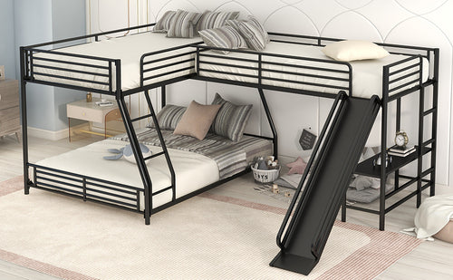 L-Shaped Twin over Full Bunk Bed with Twin Size Loft Bed,Built-in Desk and Slide,Black