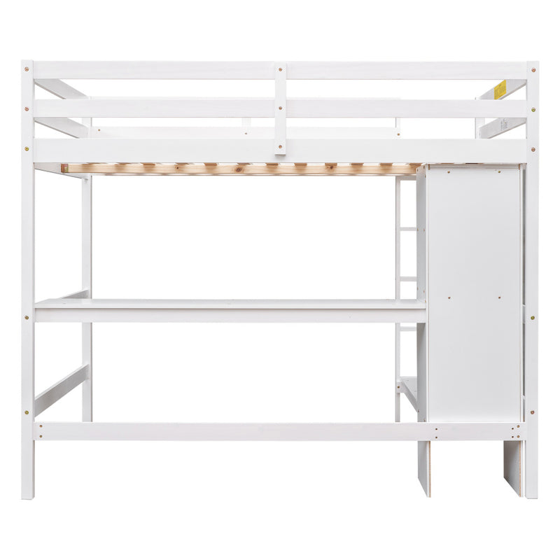 Full Size Loft Bed with Multifunction Shelves and Under-bed Desk, Gray