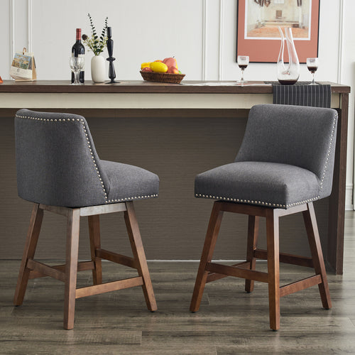 Set of 2 Upholstered Swivel Bar Stools, Modern Linen Fabric High Back Counter Stools with Nail Head Design and Wood Frame