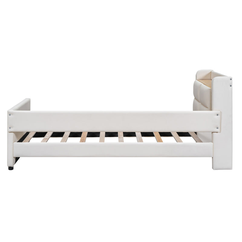 Full Size Upholstered Platform Bed with Guardrail, Storage Headboard and Footboard, Beige