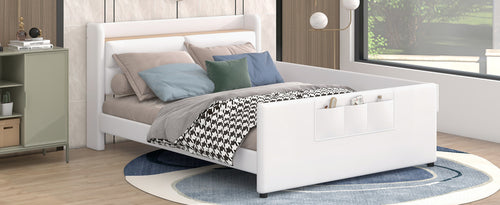 Full Size Upholstered Platform Bed with Guardrail, Storage Headboard and Footboard, Beige